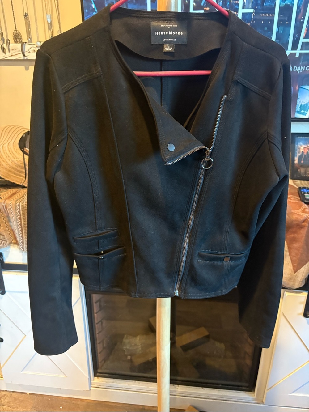 Haute Monde Black Asymmetric Zip Faux-Suede Moto Jacket